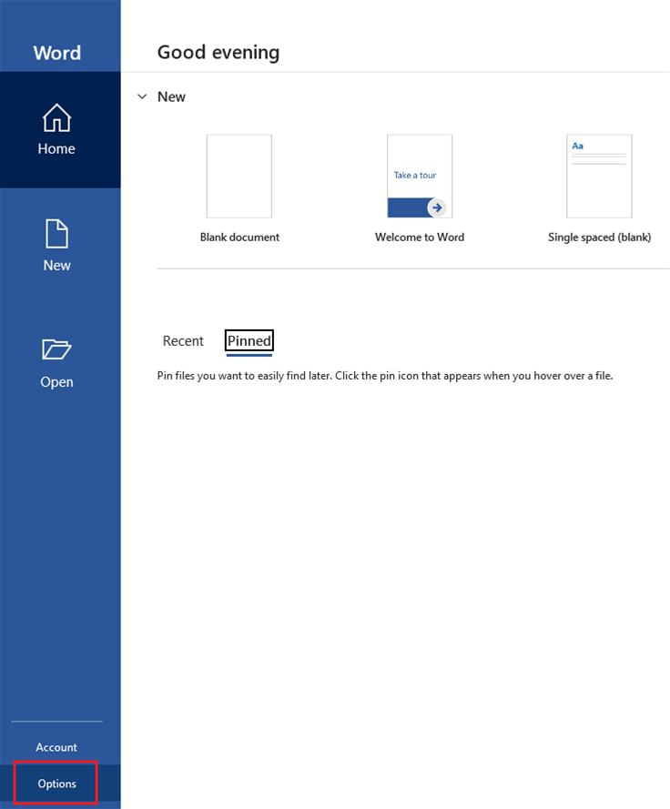 Open Microsoft Word and on the left-hand side, find Options.